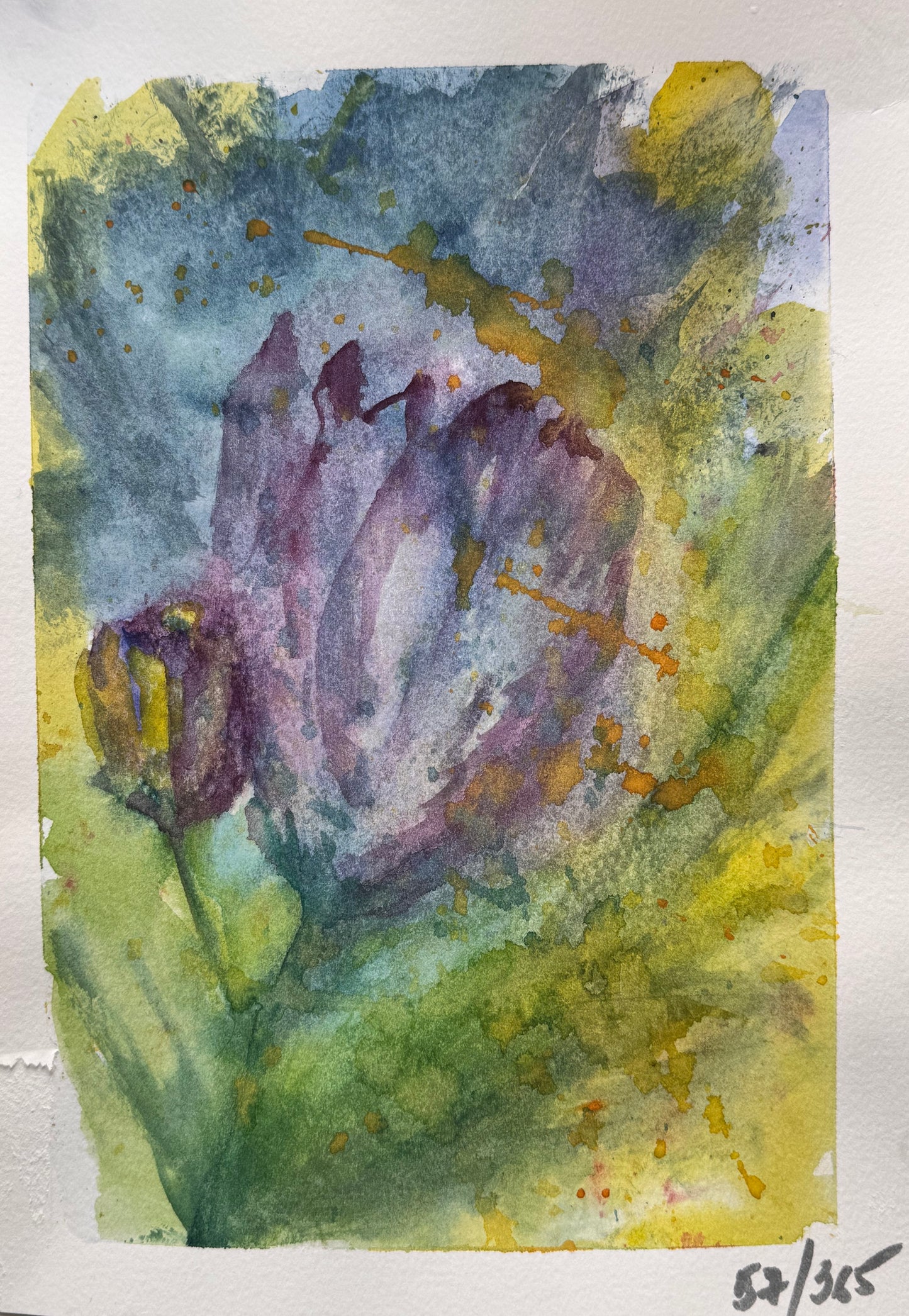 Watercolor painting of a purple flower with green and yellow accents on a textured white background.