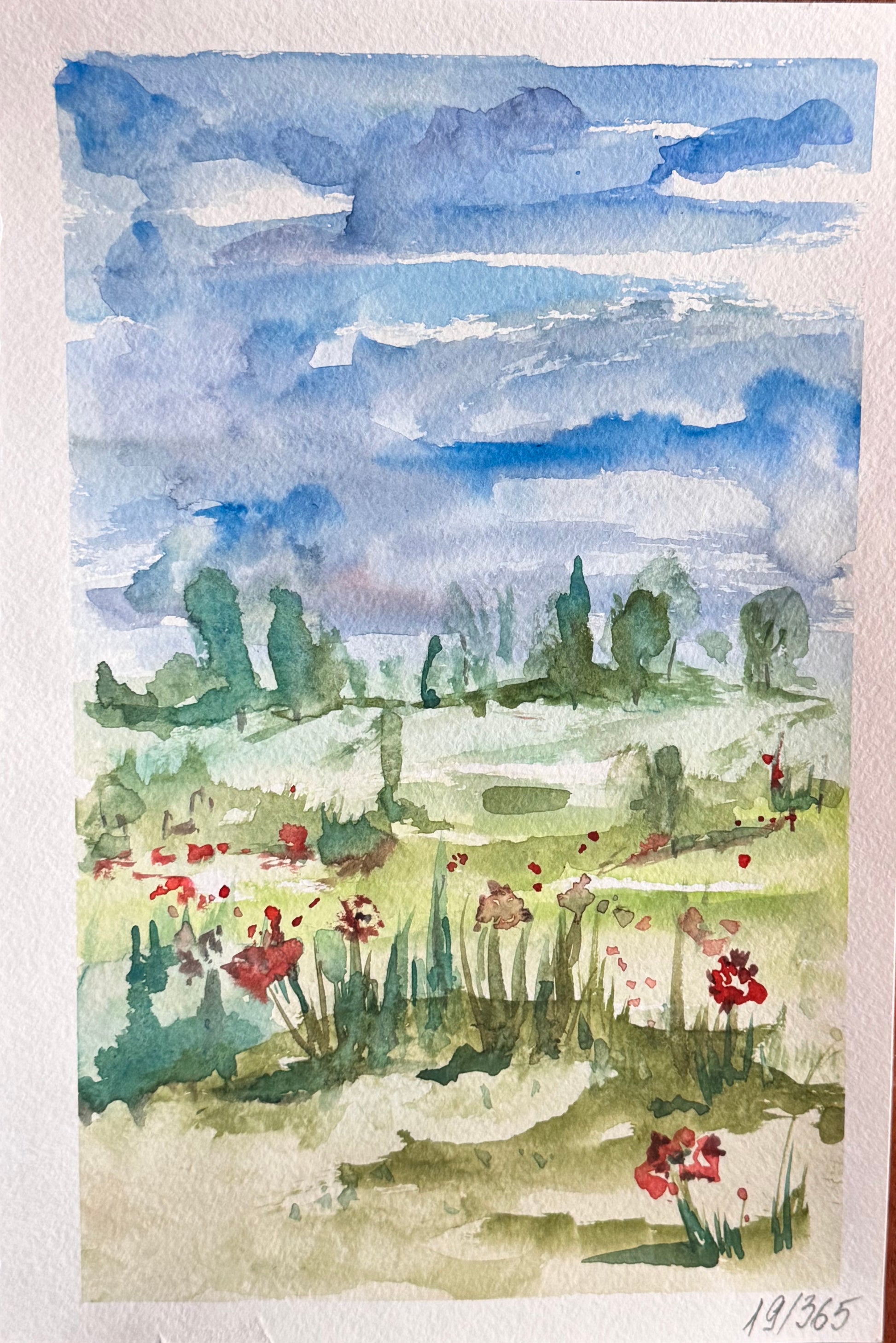 Watercolor landscape with trees, flowers, and a blue sky.