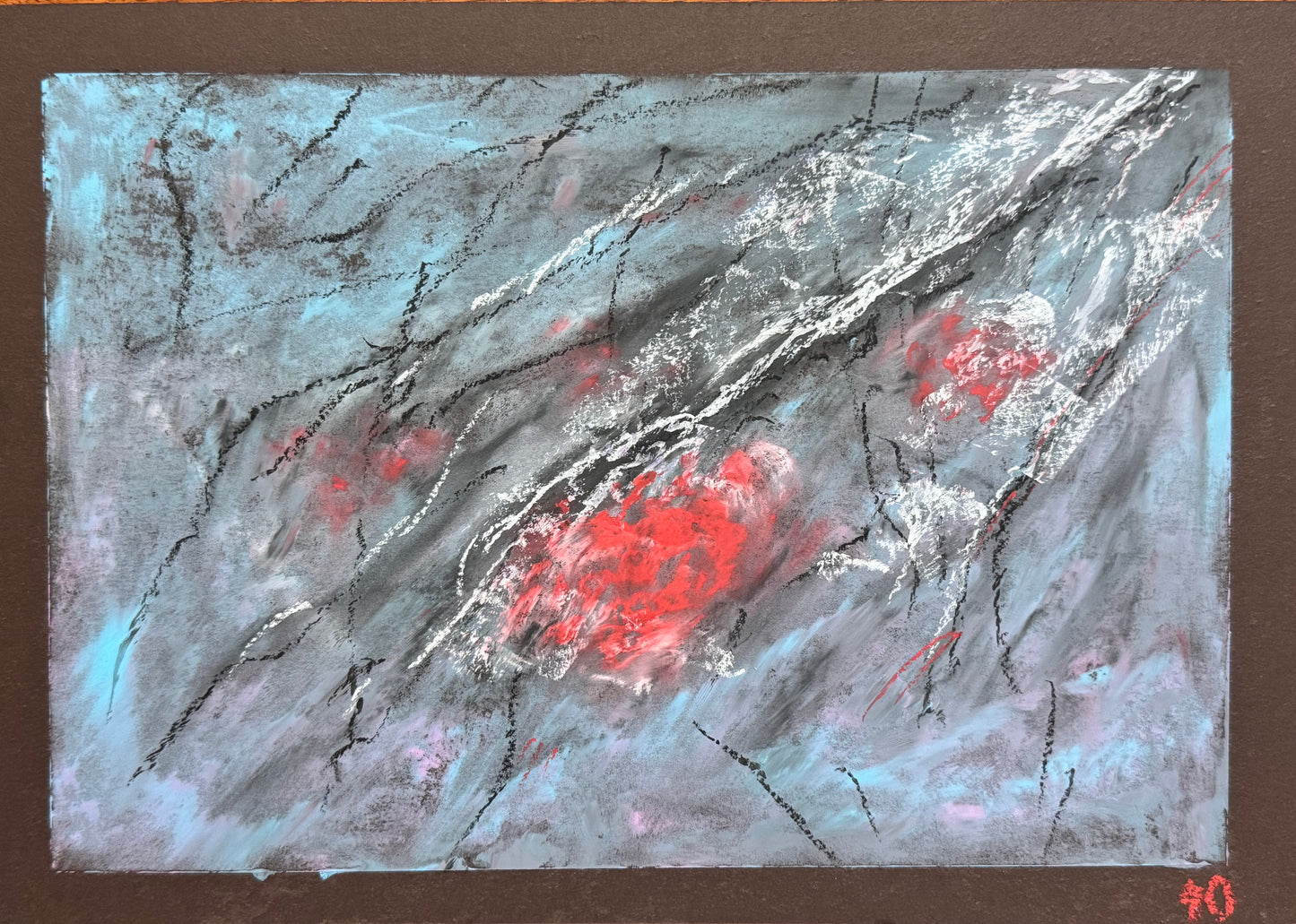 Abstract artwork with red and gray patterns on a brown background