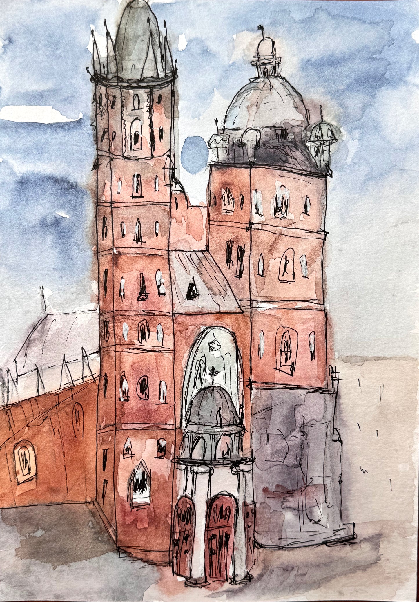 Watercolor painting of a Krakow cathedral with towers and intricate details.