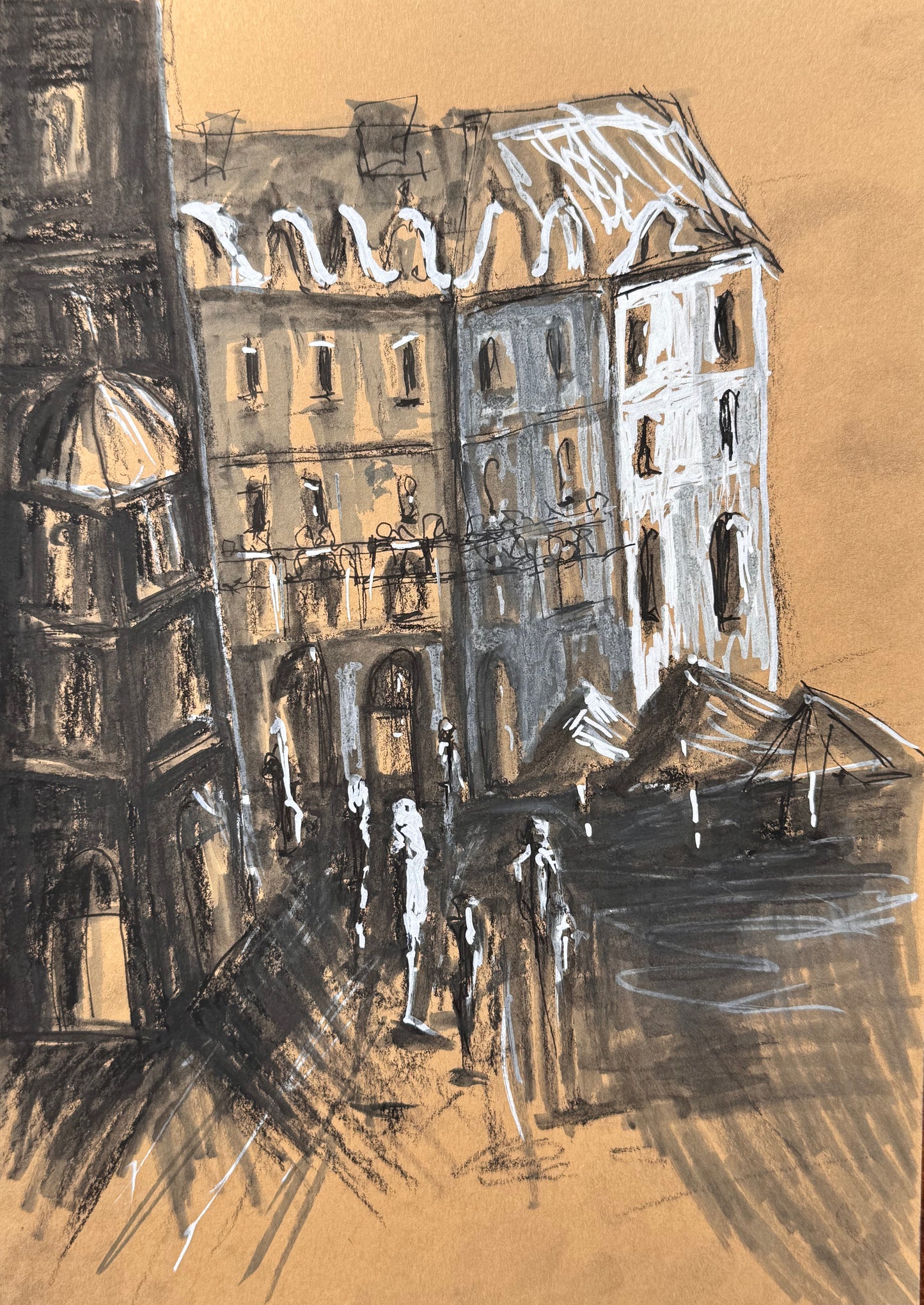 Artistic depiction of a Krakow city street with buildings and people on a brown background