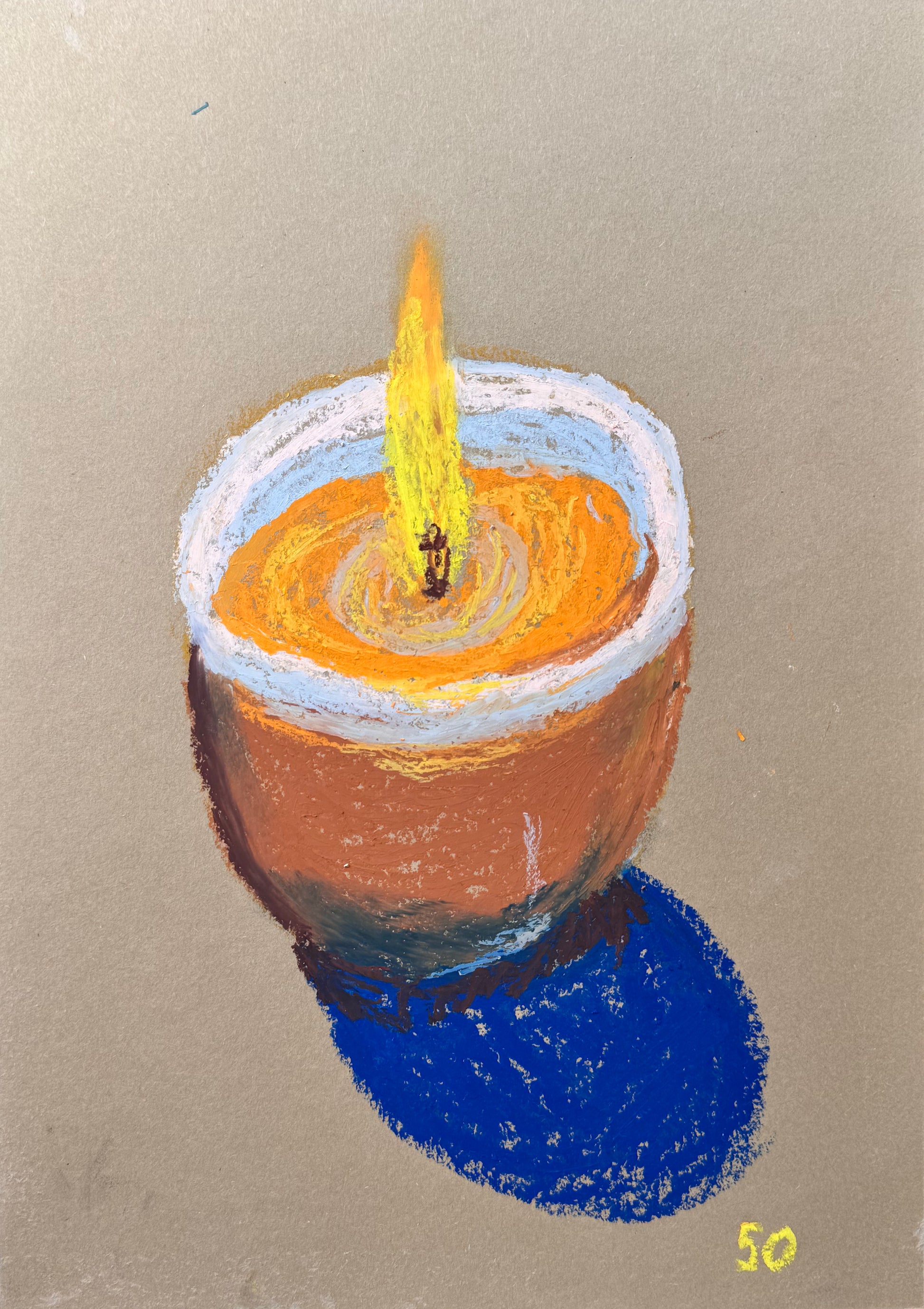 Painting of a candle with a flame on a beige background