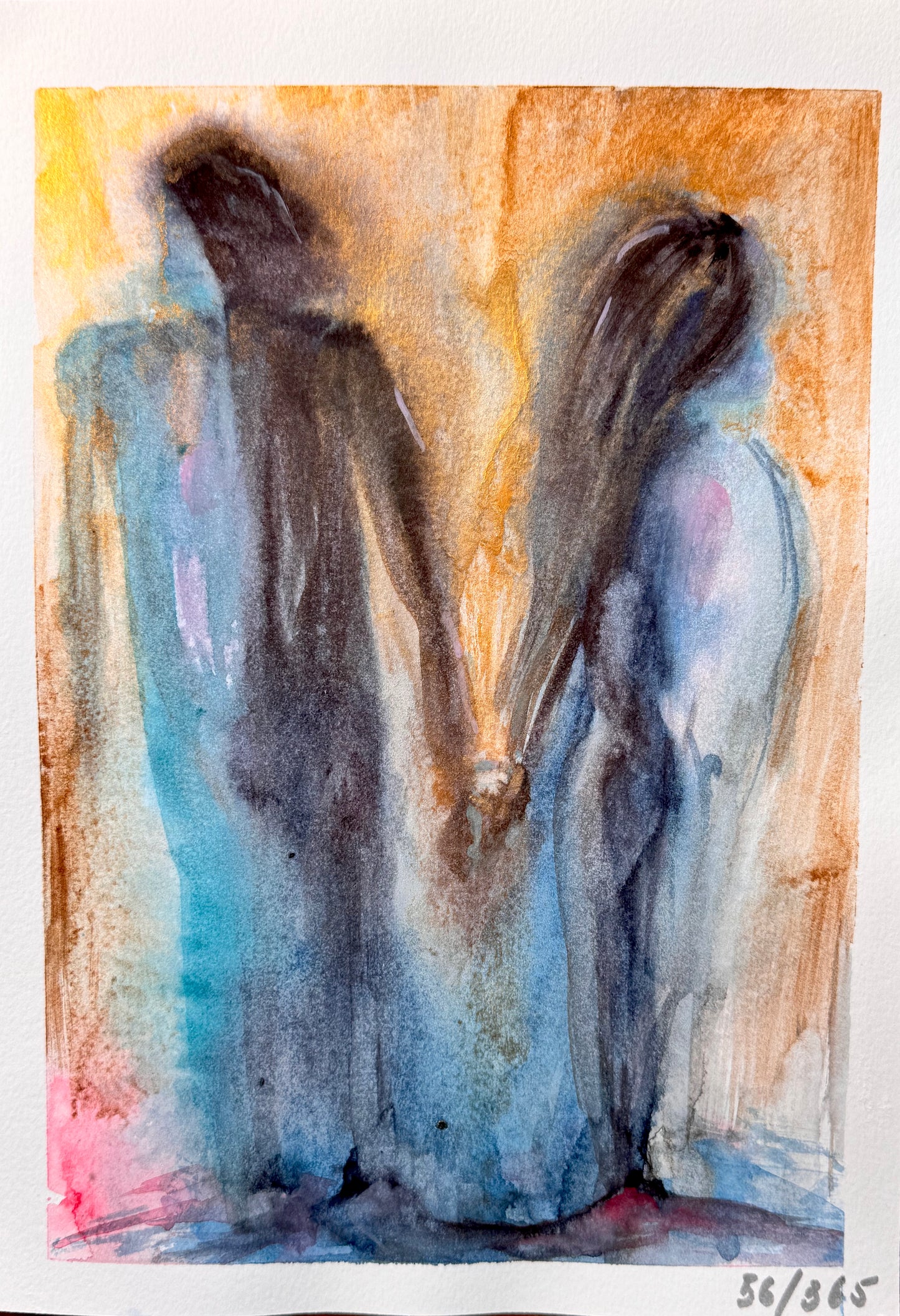 Abstract watercolor painting of two figures on a textured background