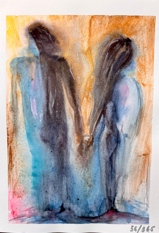 Abstract watercolor painting of two figures on a textured background
