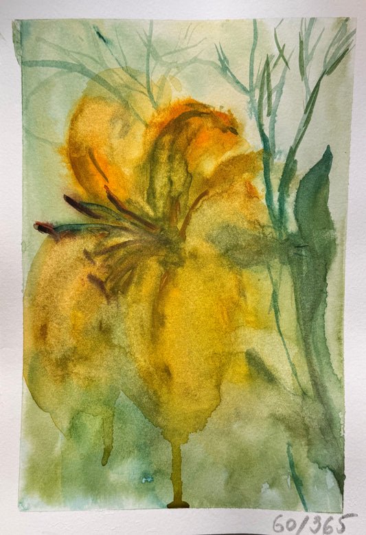 Watercolor painting of a yellow flower with green leaves on a textured white background