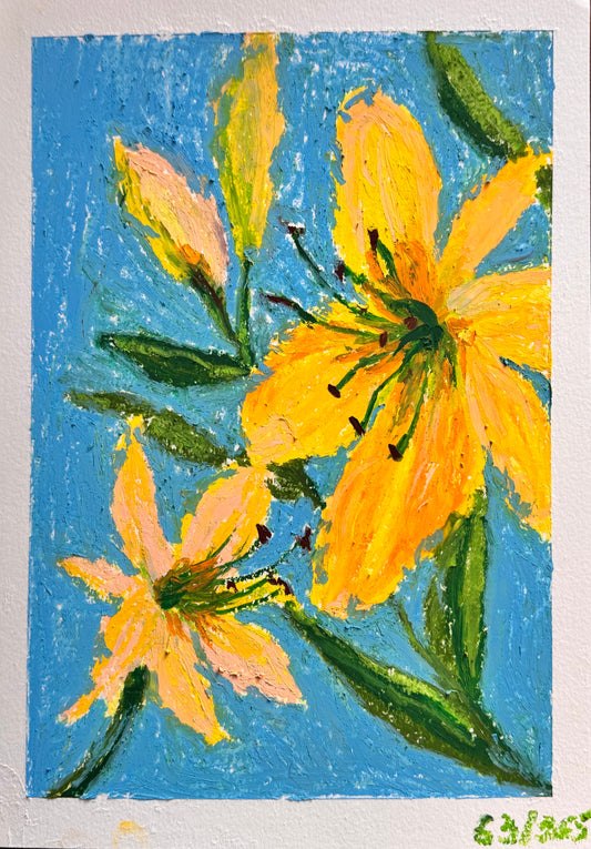 Painting of yellow lily flowers with green leaves on a blue background oil pastels