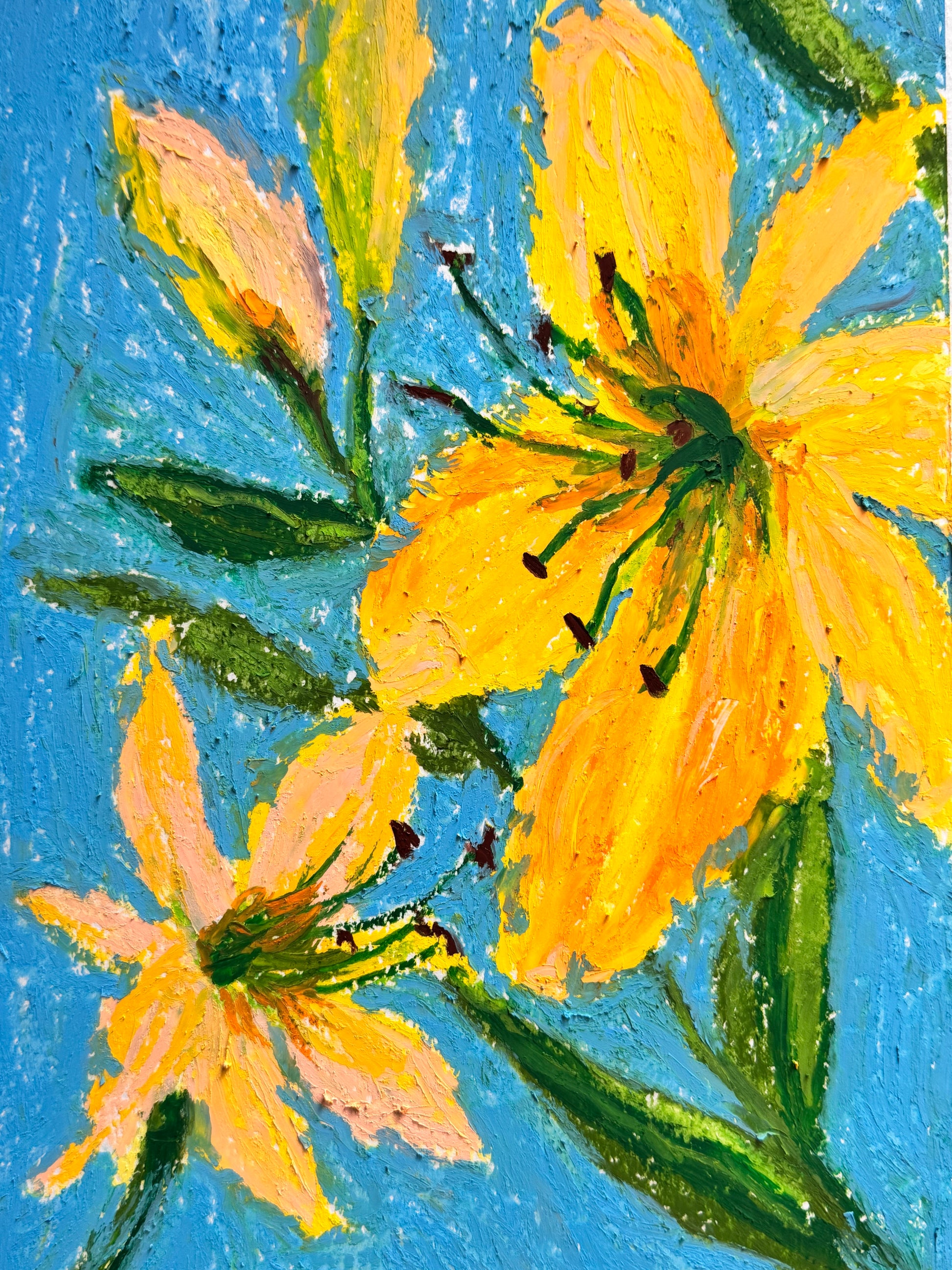 Painting of yellow flowers with green leaves on a blue background