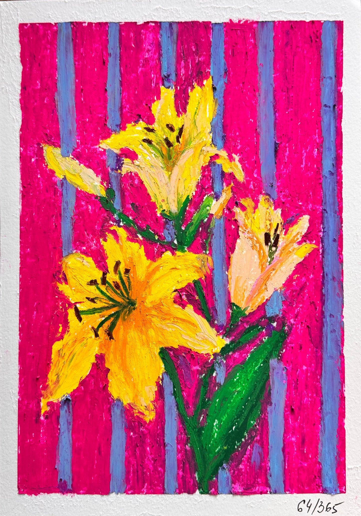 Colorful artwork of yellow lily flowers on a pink and blue striped background
