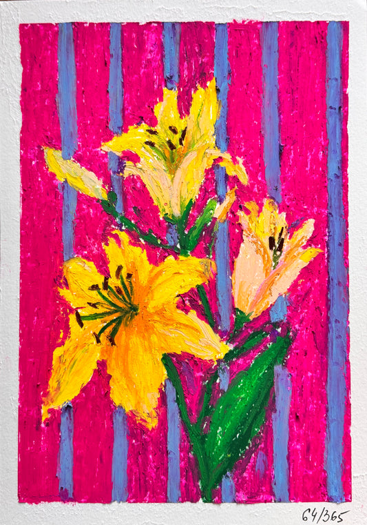Colorful artwork of yellow lily flowers on a pink and blue striped background
