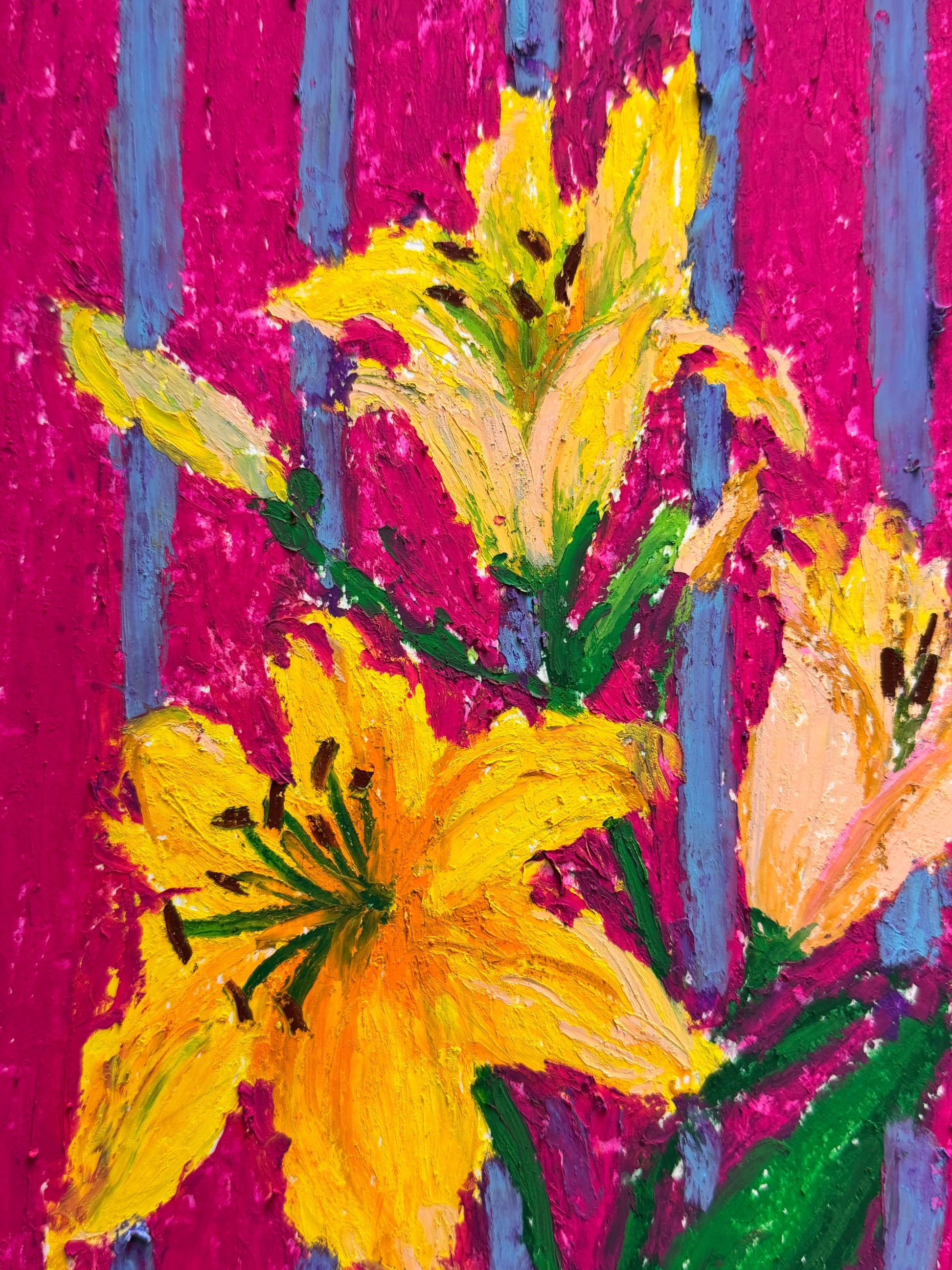 Painted yellow flowers with green stems on a pink and blue striped background