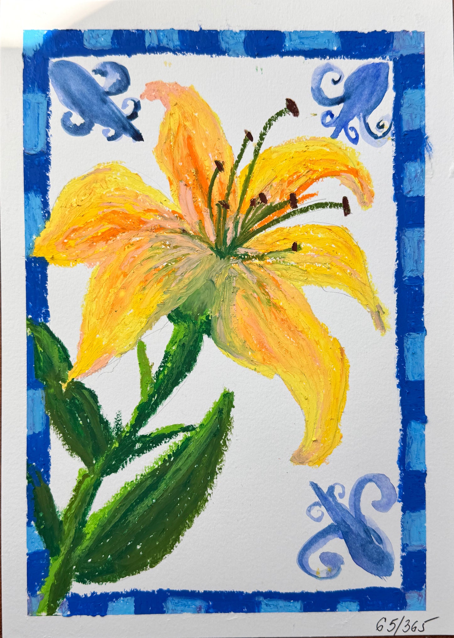 Painting of a yellow flower with blue decorative elements on a white background