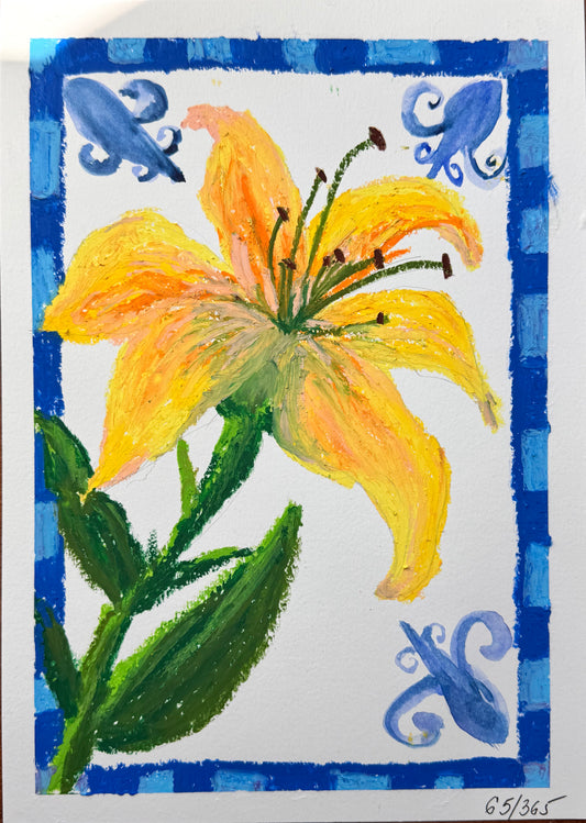 Painting of a yellow flower with blue decorative elements on a white background