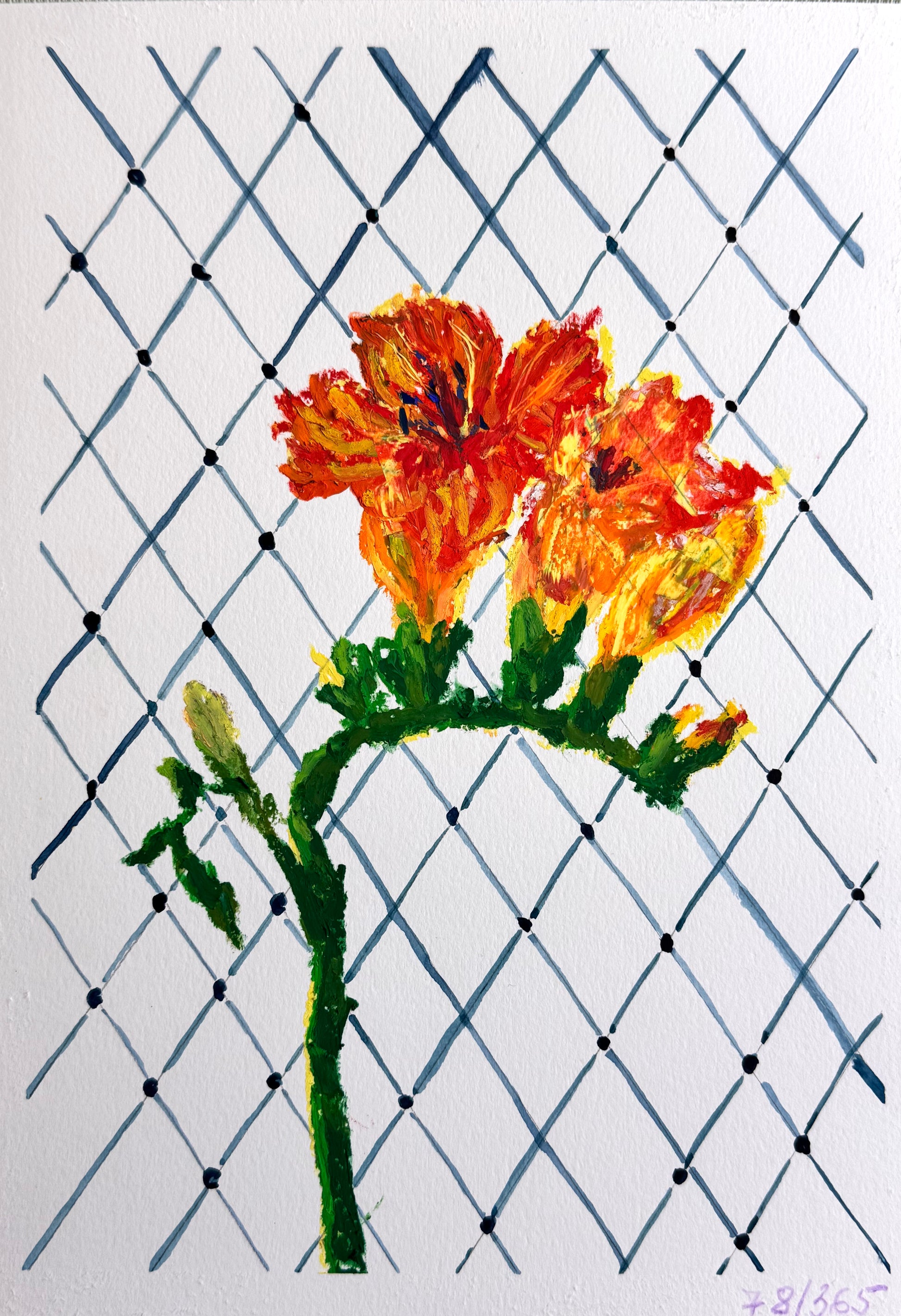Artistic depiction of flowers against a lattice background