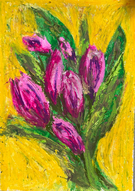 Painting of purple flowers with green leaves on a yellow background