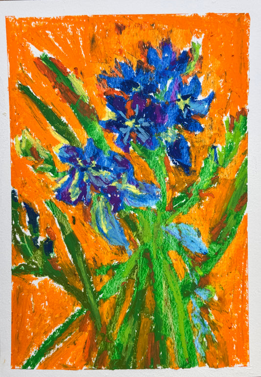 Artistic depiction of blue flowers on an orange background