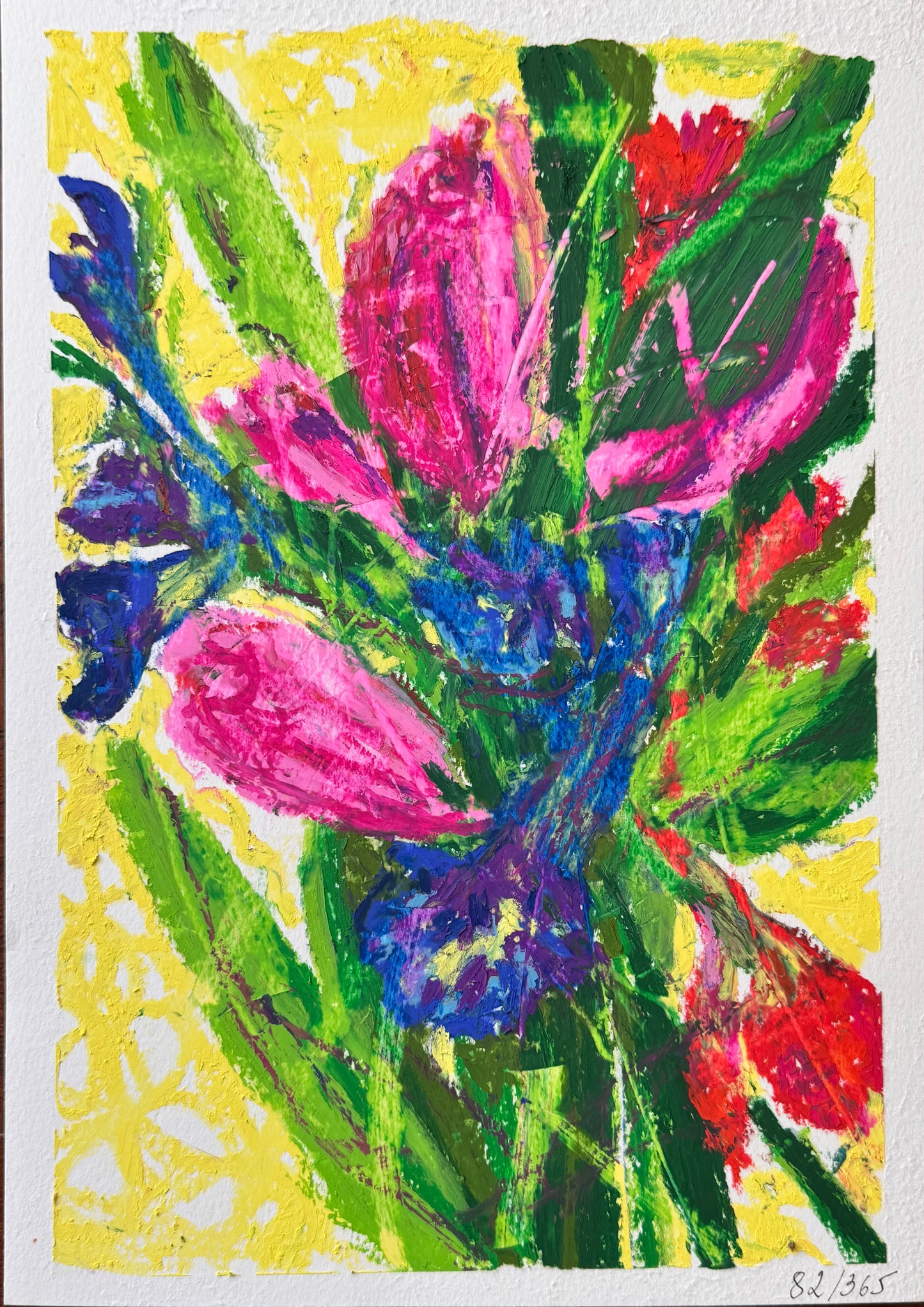 Colorful floral painting with pink, purple, and red flowers on a yellow background