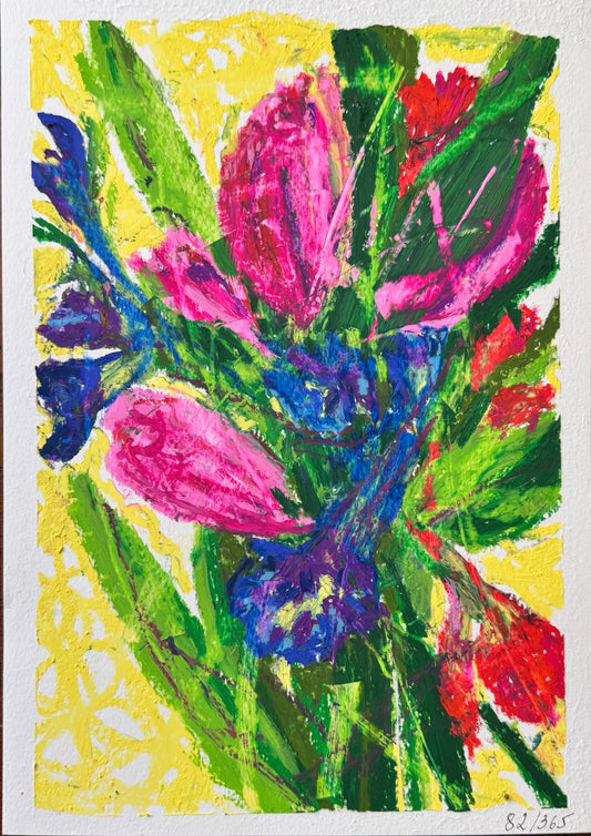 Colorful floral painting with pink, purple, and red flowers on a yellow background