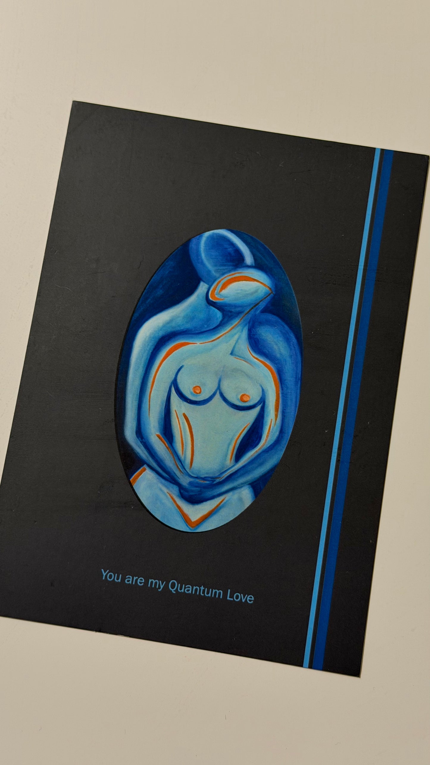 Postcard with a blue and white love couple design and text on a black background