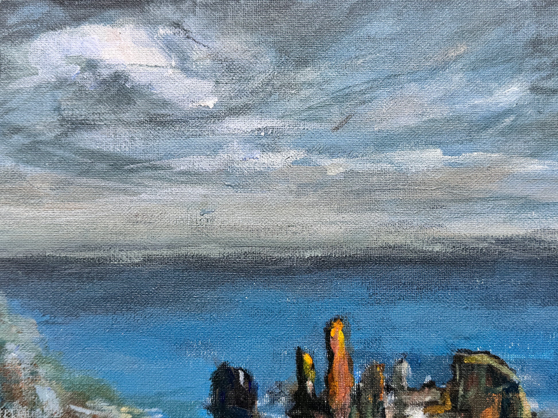 Artistic depiction of a seascepe with a dark sky and clouds