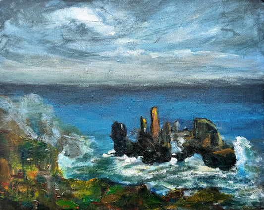 acrylic painting of a coastal scene with waves and cliffs 
