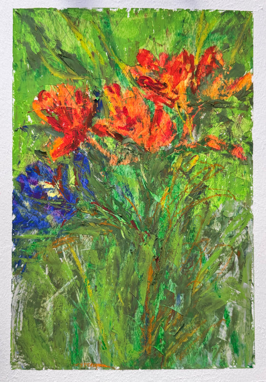 Abstract painting of flowers with red, orange, and blue colors on a green background