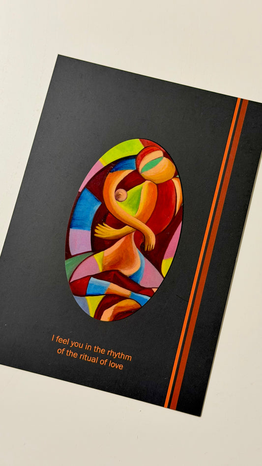 Postcard with colorful couple love and text on a black background
