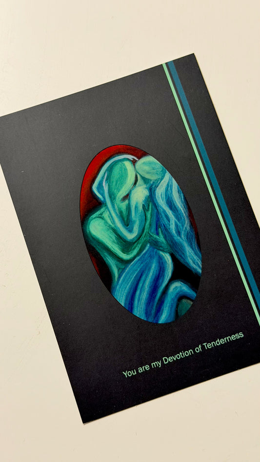 Decorative card with a stylized illustration of a couple embracing and text 'You are my Devotion of Tenderly' on a black background.