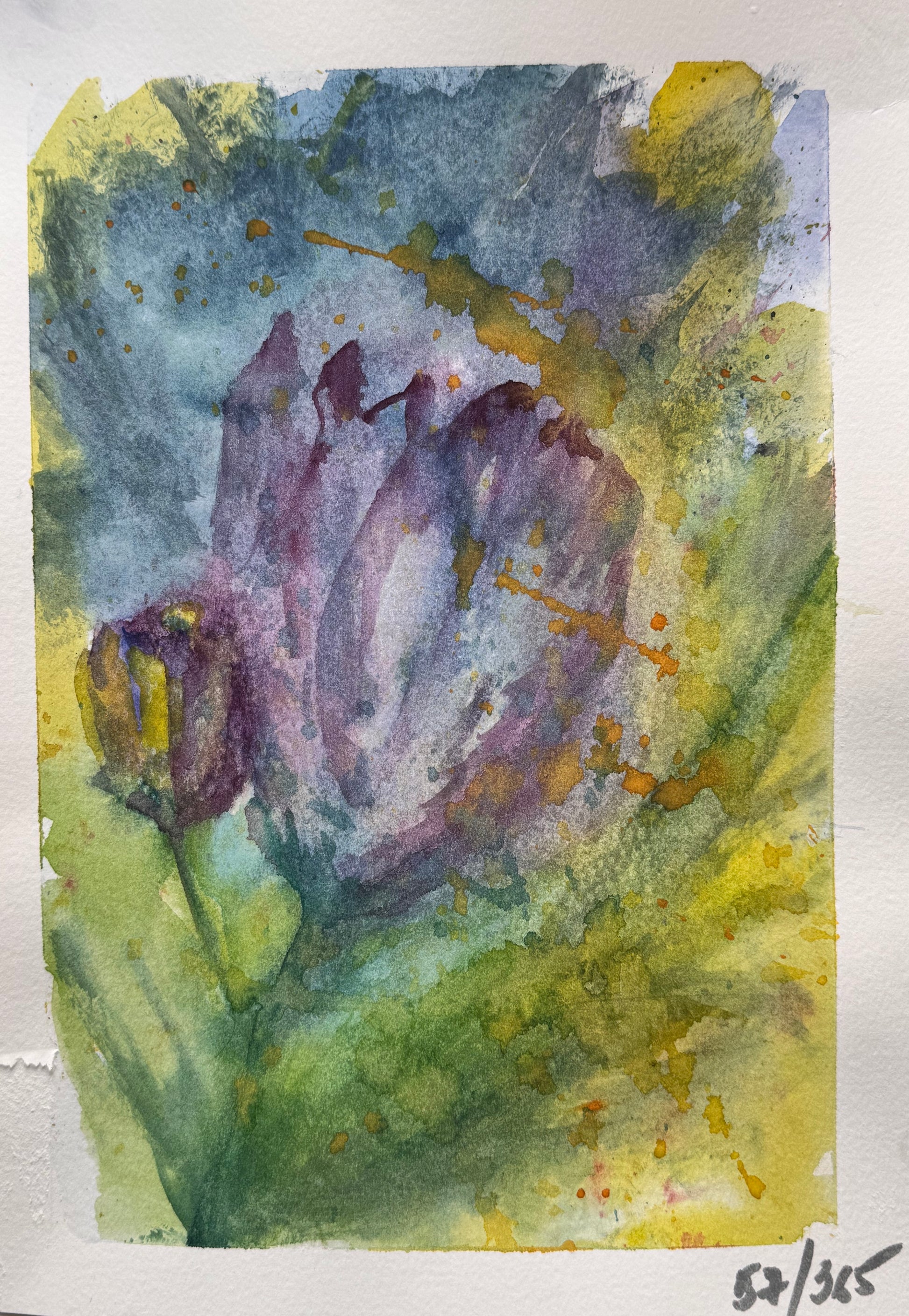 Watercolor painting of a purple flower with green and yellow accents on a textured white background.