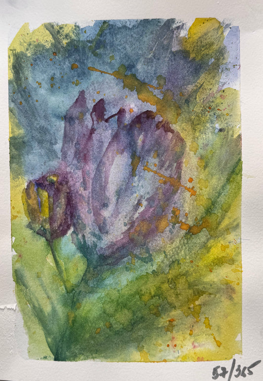 Watercolor painting of a purple flower with green and yellow accents on a textured white background.